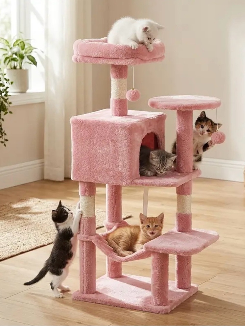 Brand New Pink Plush Cat Tree Condo with Play Platforms and Hammock